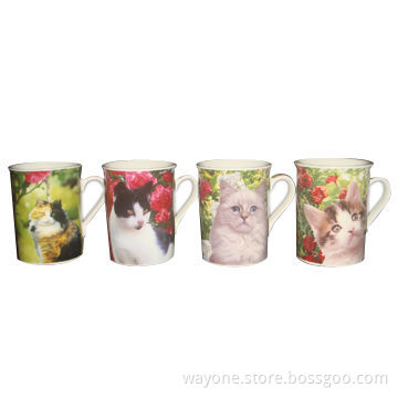 4-piece 9oz New Bone China/Ceramic/Porcelain Mug, Lovely Cat Animal Design